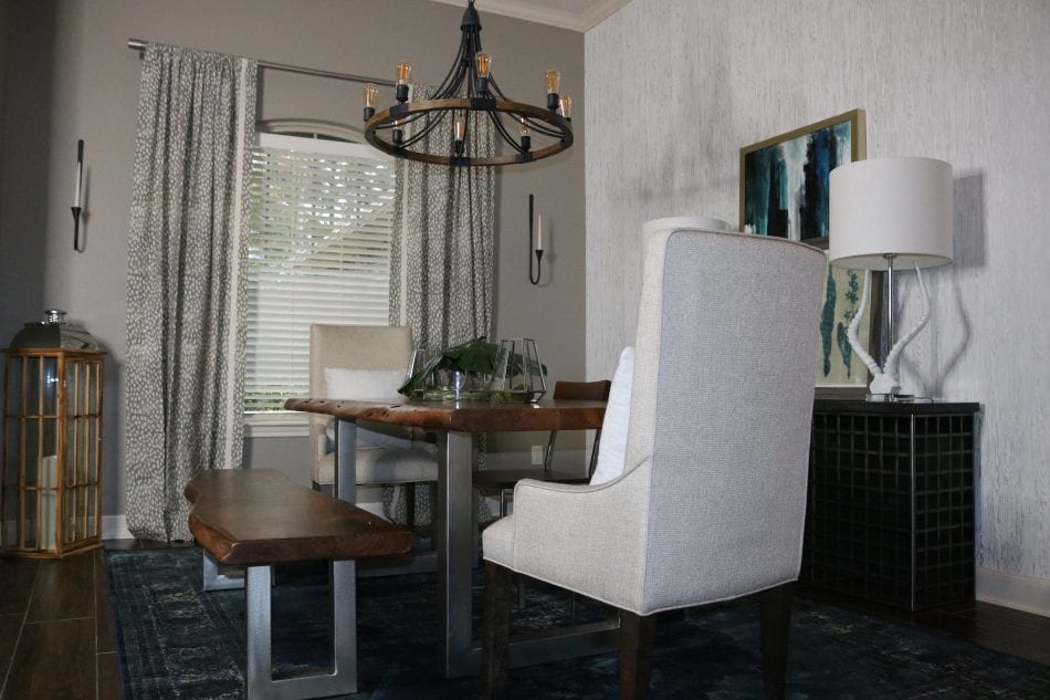 interior designer, interior design, modern farmhouse, after, houston, houston interior designer, the woodlands, modern farmhouse dining room, modern farmhouse living room, farmhouse, interior styling, dining table, chandelier, rug, baskets, art, lamp, console, dining room decor, wallpaper, sofa, love seat, mirror, mantle decor, farmhouse mantle, farmhouse living room, colorful house, colorful living room, colorful dining room