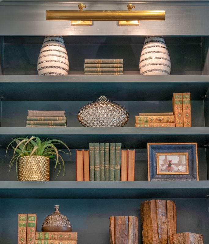 office and dining room with transitional style, office and dining with transitional style, transitional office, office decor, office layout, blue office, office, gray office, window seat, office windows, sconce, chandelier, seating area, office art, large art, canvas art, custom office, luxury office, beaded chandelier, office chair, office rug, cabinet hardware, brass hardware, brass, bookshelf, bookshelves