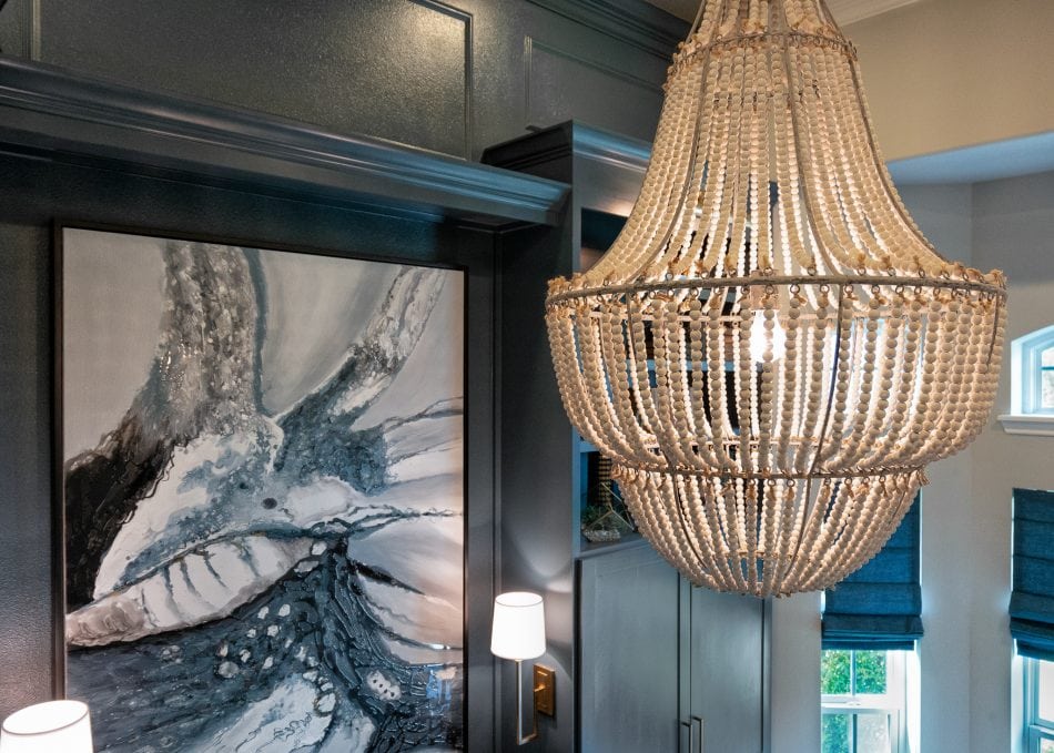 office and dining room with transitional style, transitional office, office decor, office layout, blue office, office, gray office, window seat, office windows, sconce, chandelier, seating area, office art, large art, canvas art, custom office, luxury office, beaded chandelier, office chair, office rug, cabinet hardware, brass hardware, brass, bookshelf, bookshelves