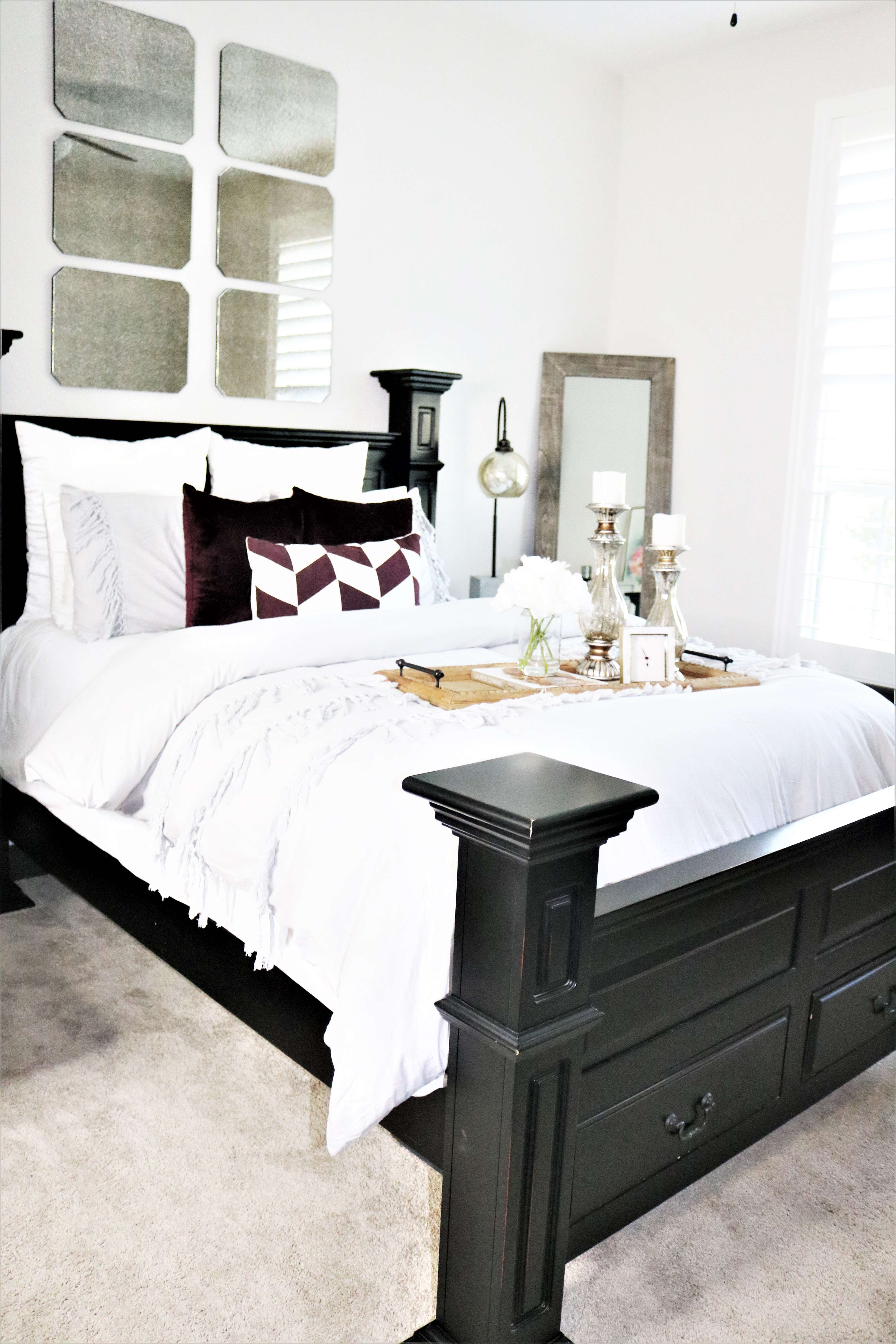 chic guestroom, chic, girl guestroom, guestroom. how to style a guest room, colorful chair, mirror over bed, colorful room, guestroom styling, guestroom check list