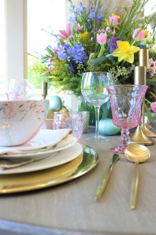 MRI, houston interior designer, home decor influencer, Easter, Easter table setting, Easter flowers, colored glass, spring flowers, cascading flowers, bunny, kids Easter table, fun Easter table setting, Easter decorations, how to decorate for Easter, easy Easter decorations, pink glasses, Easter table setting, Easter tabelscape, elegant dining table, whimsical kids table, playful easter table, vintage table setting, table setting ideas, easter table setting ideas, colorful table setting, achievable easter table setting, table décor, chic easter table setting, budget friendly table setting