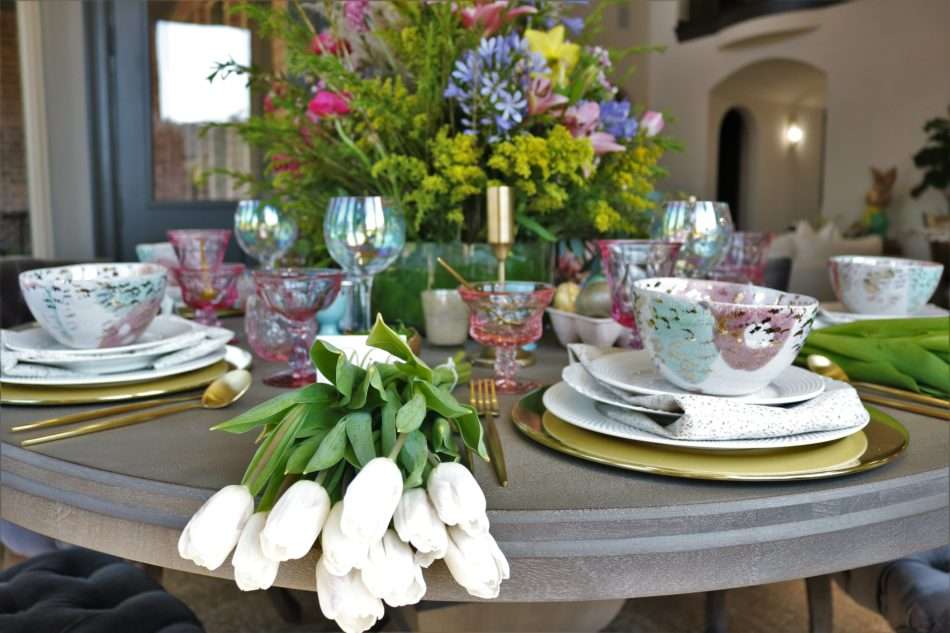 MRI, houston interior designer, home decor influencer, Easter, Easter table setting, Easter flowers, colored glass, spring flowers, cascading flowers, bunny, kids Easter table, fun Easter table setting, Easter decorations, how to decorate for Easter, easy Easter decorations, pink glasses, Easter table setting, Easter tabelscape, elegant dining table, whimsical kids table, playful easter table, vintage table setting, table setting ideas, easter table setting ideas, colorful table setting, achievable easter table setting, table décor, chic easter table setting, budget friendly table setting