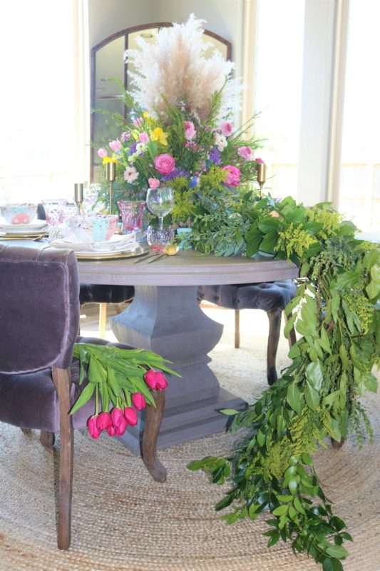 MRI, houston interior designer, home decor influencer, Easter, Easter table setting, Easter flowers, colored glass, spring flowers, cascading flowers, bunny, kids Easter table, fun Easter table setting, Easter decorations, how to decorate for Easter, easy Easter decorations, pink glasses, Easter table setting, Easter tabelscape, elegant dining table, whimsical kids table, playful easter table, vintage table setting, table setting ideas, easter table setting ideas, colorful table setting, achievable easter table setting, table décor, chic easter table setting, budget friendly table setting