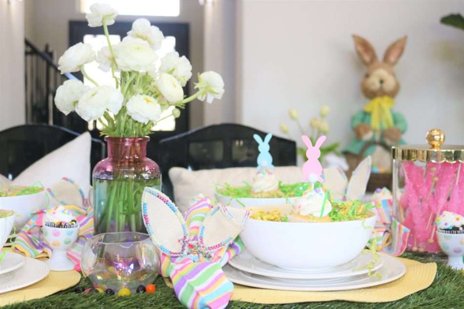 MRI, houston interior designer, home decor influencer, Easter, Easter table setting, Easter flowers, colored glass, spring flowers, cascading flowers, bunny, kids Easter table, fun Easter table setting, Easter decorations, how to decorate for Easter, easy Easter decorations, pink glasses, Easter table setting, Easter tabelscape, elegant dining table, whimsical kids table, playful easter table, vintage table setting, table setting ideas, easter table setting ideas, colorful table setting, achievable easter table setting, table décor, chic easter table setting, budget friendly table setting